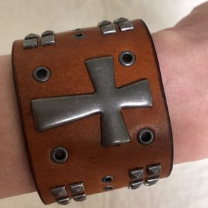 Silver Cross on brown leather bracelet